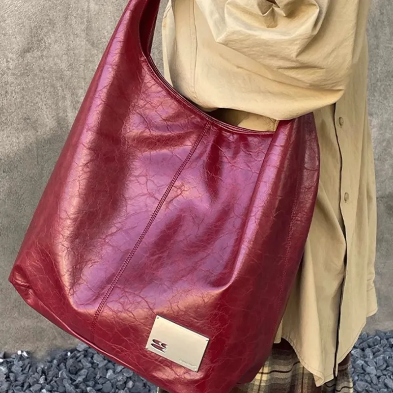 Crying Center PU Shoulder Bag Medium Large Unisex Brown/Red/Black-8