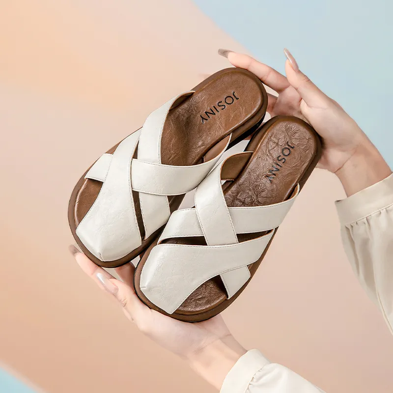 JOSINY Rubber Sole Stitching Woven Odor Resistant Abrasion Resistant Slip Resistant Closed Toe Slippers Women's Ecru-3