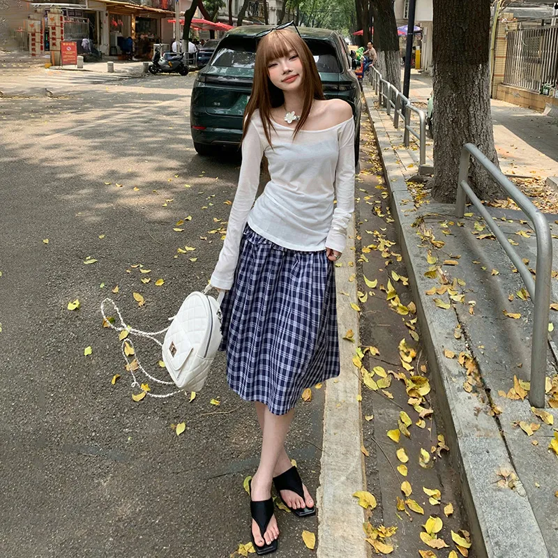Rose Casual Long Skirts Women's Blue-3