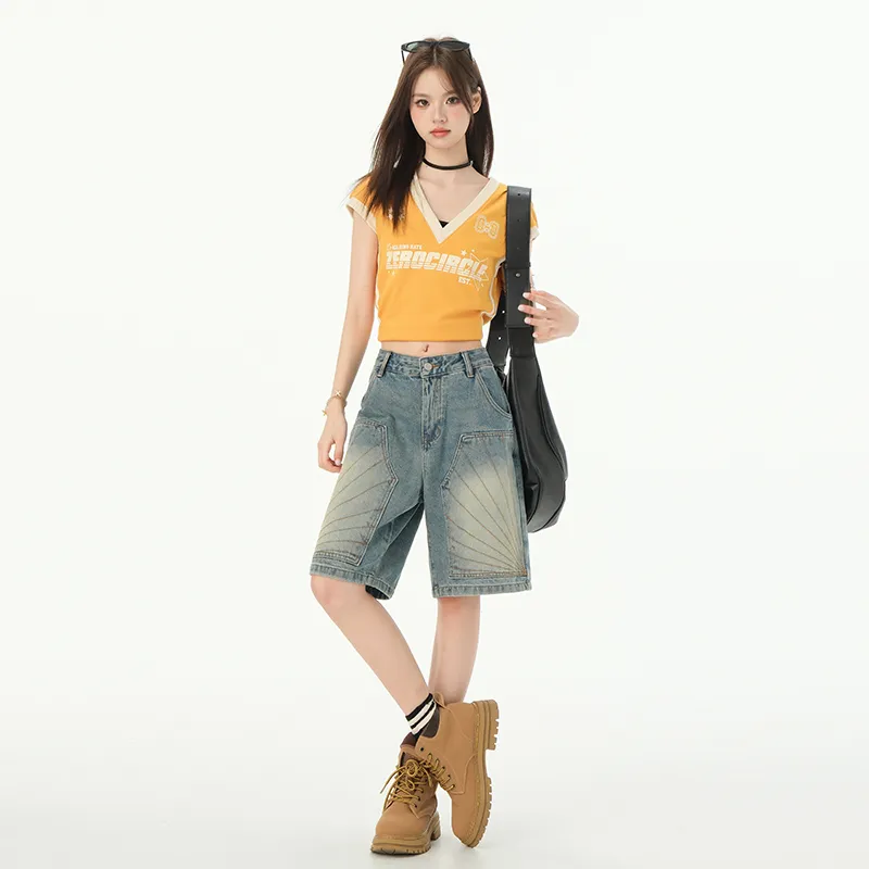 Rose Denim Shorts Women's Vintage Blue-5