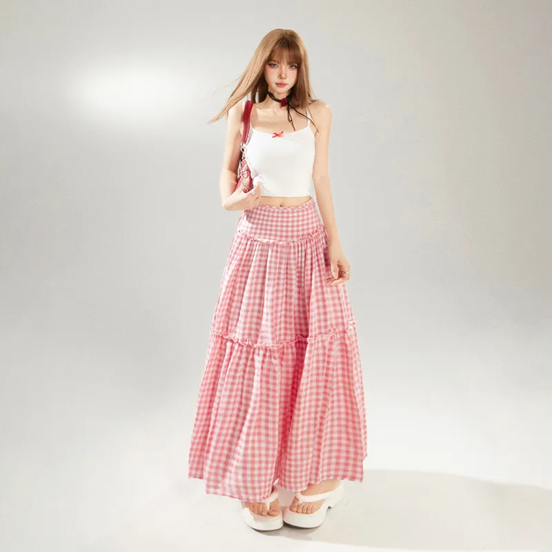 Rose Casual Long Skirts Women's Pink Plaid-4