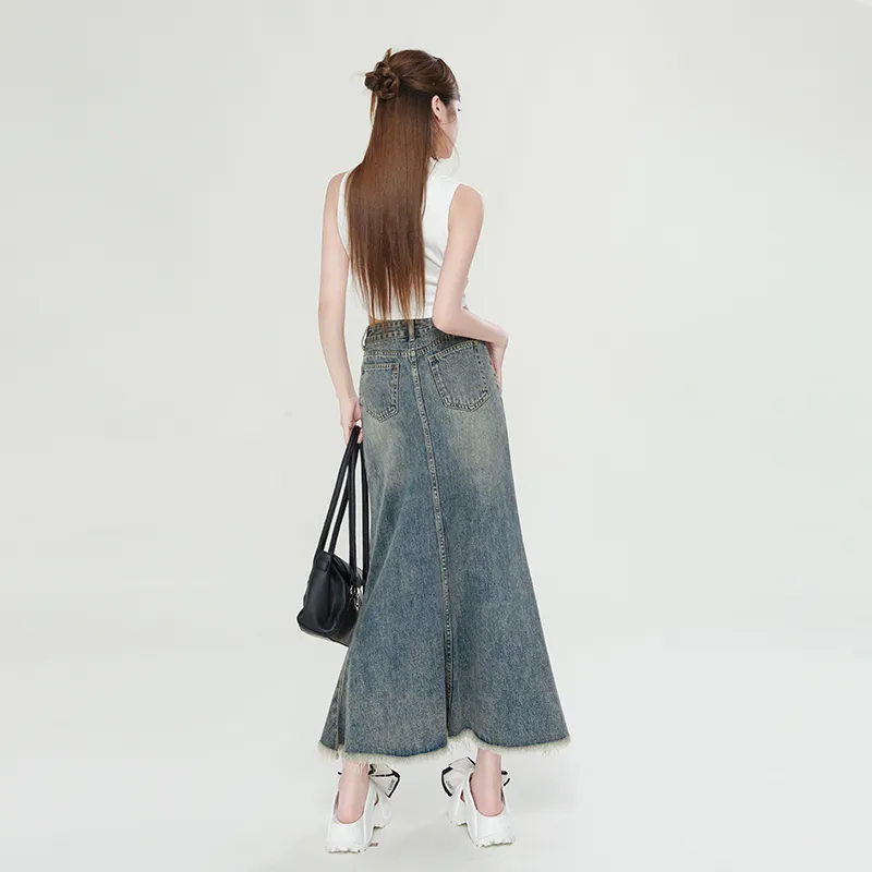 Rose Denim Long Skirts Women's Nostalgic Blue-1