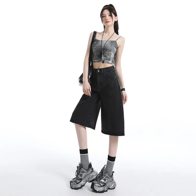 Rose Denim Shorts Women's Black Gray Color-2