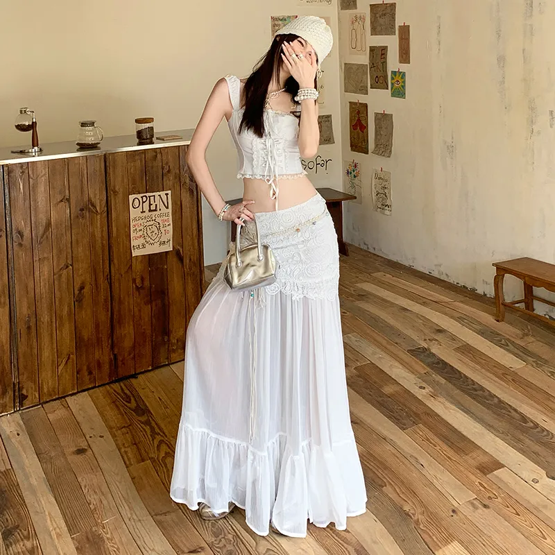 Rose Casual Long Skirts Women's White Skirt-2