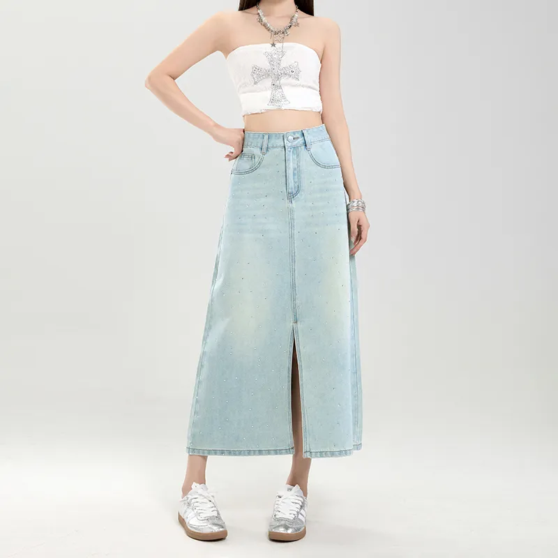 Rose Denim Long Skirt Women's Blue Rhinestone-4