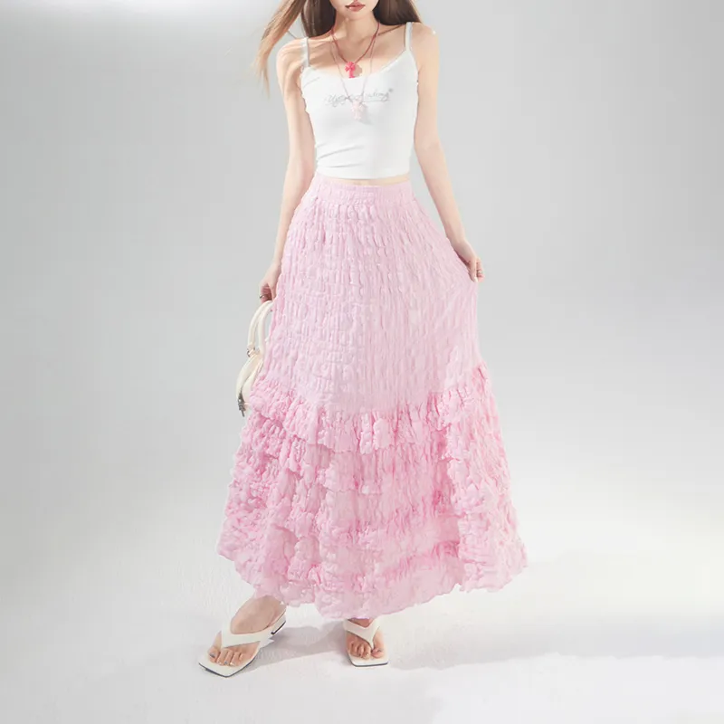 Rose Casual Long Skirt Women's Pink-3
