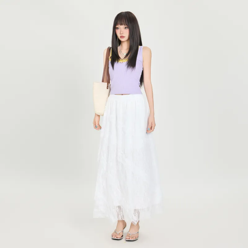 Rose Casual Long Skirts Women's White-5