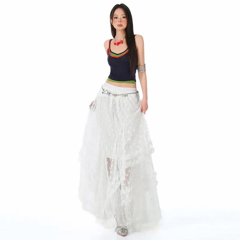 Rose Casual Long Skirt Women's White-5