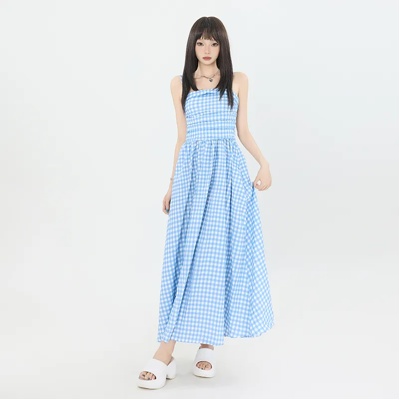 Rose Slip Dresses Women's Blue White Plaid-4