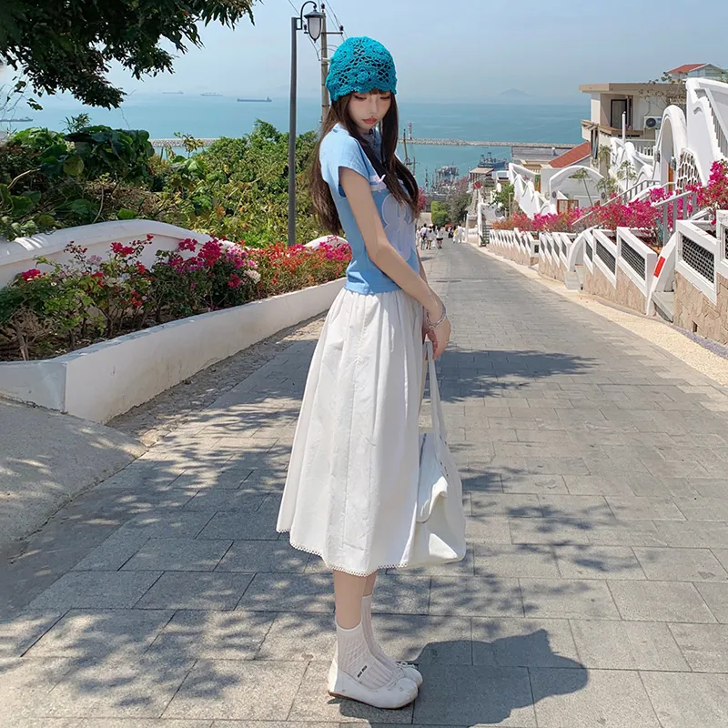 Rose Casual Long Skirts Women's White-3