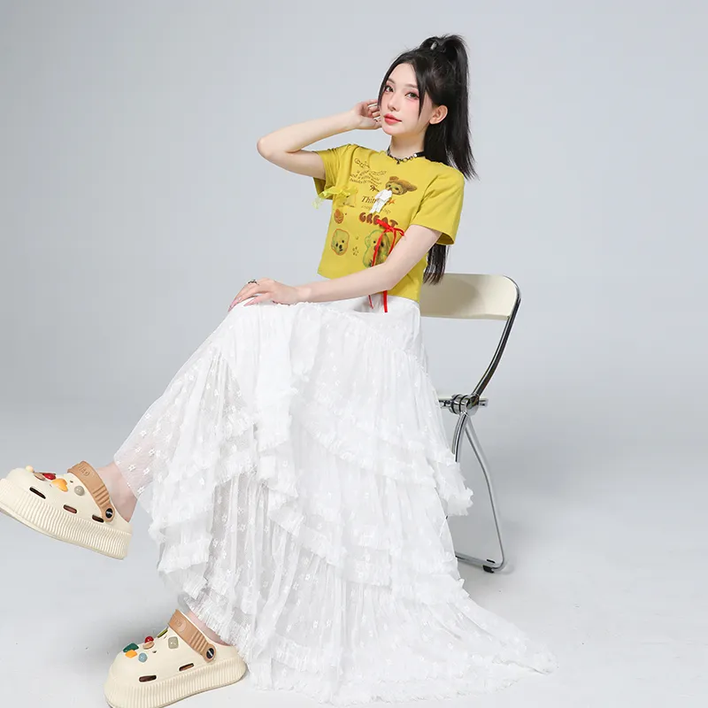 Rose Casual Long Skirts Women's White-5