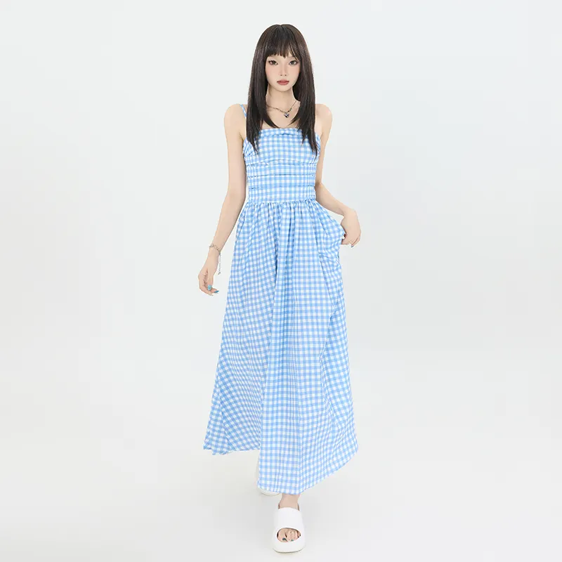 Rose Slip Dresses Women's Blue White Plaid-2