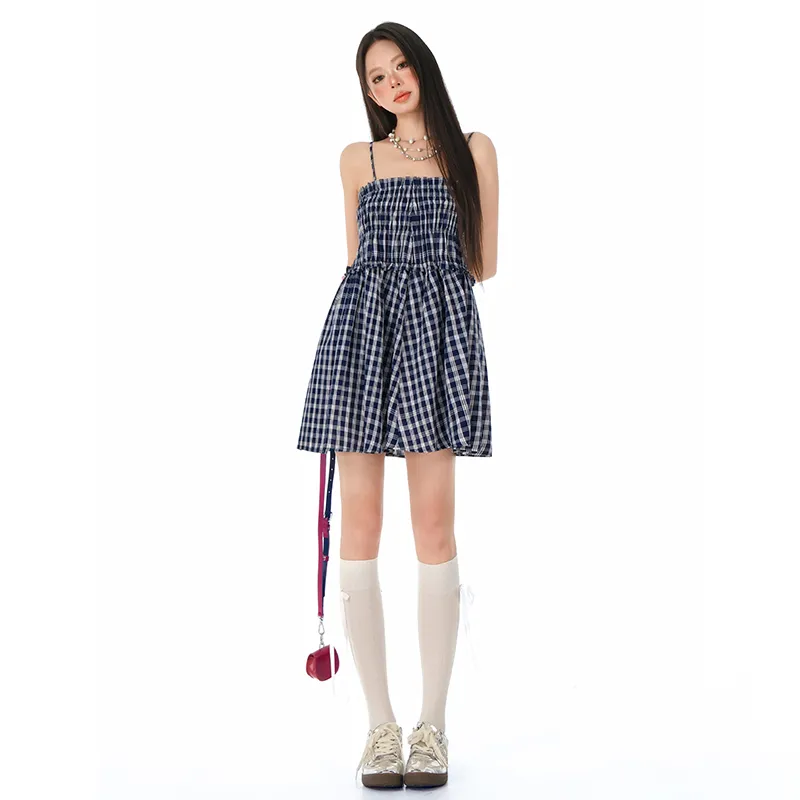 Rose Slip Dresses Women's Blue Plaid-2