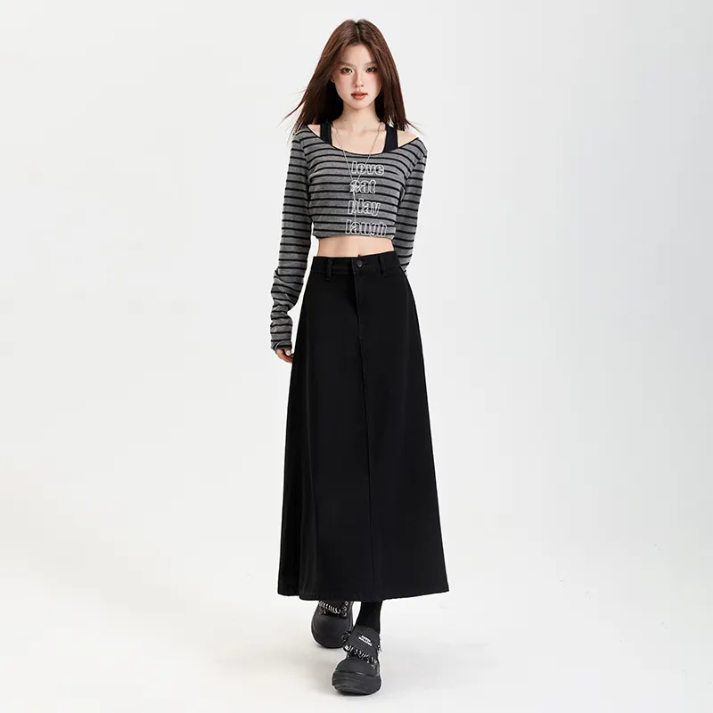 Rose Denim Long Skirts Women's Black-5