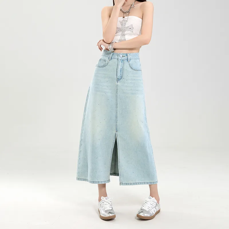 Rose Denim Long Skirt Women's Blue Rhinestone-2