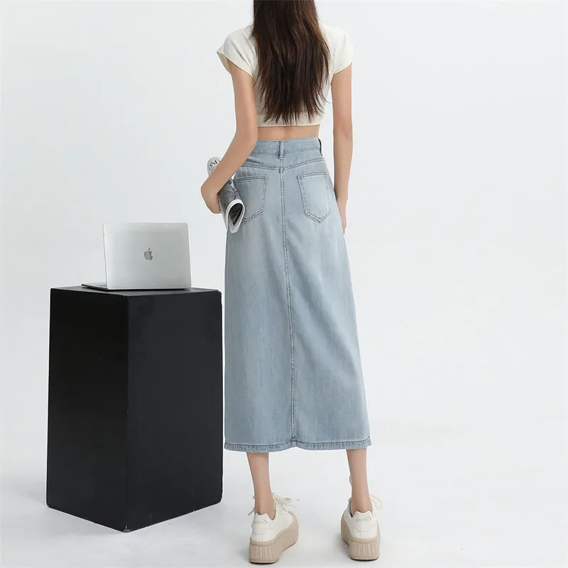 Rose Denim Long Skirt Women's Vintage Blue-3