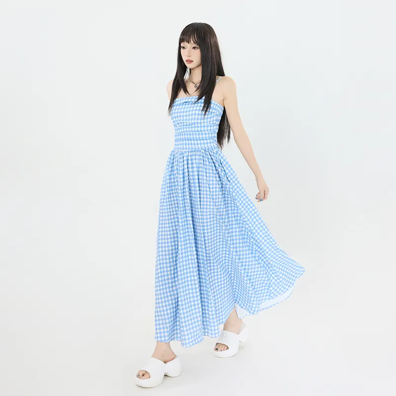 Rose Slip Dresses Women's Blue White Plaid-5