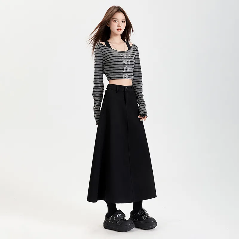Rose Denim Long Skirts Women's Black-2