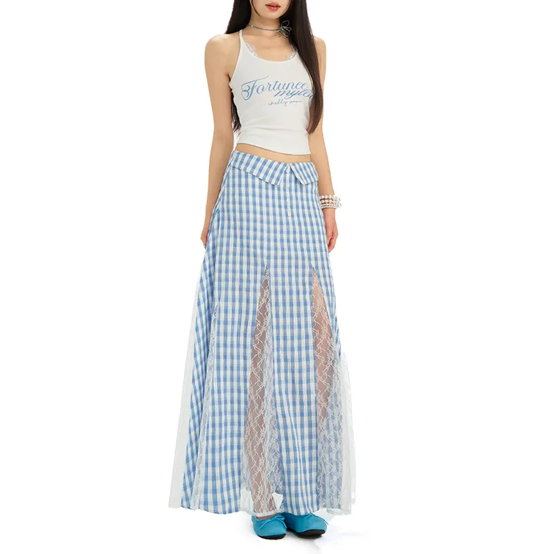 Rose Casual Long Skirts Women's Blue Plaid Skirt-3