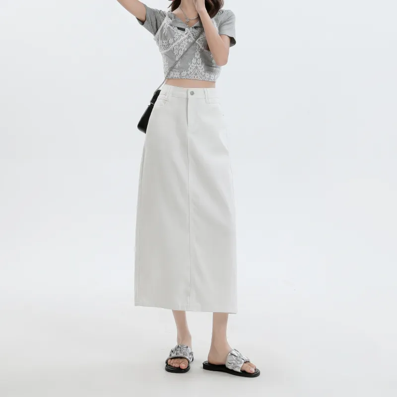 Rose Denim Long Skirts Women's White-7