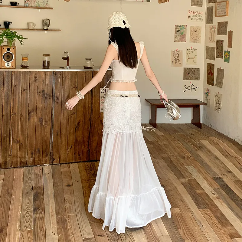 Rose Casual Long Skirts Women's White Skirt-6