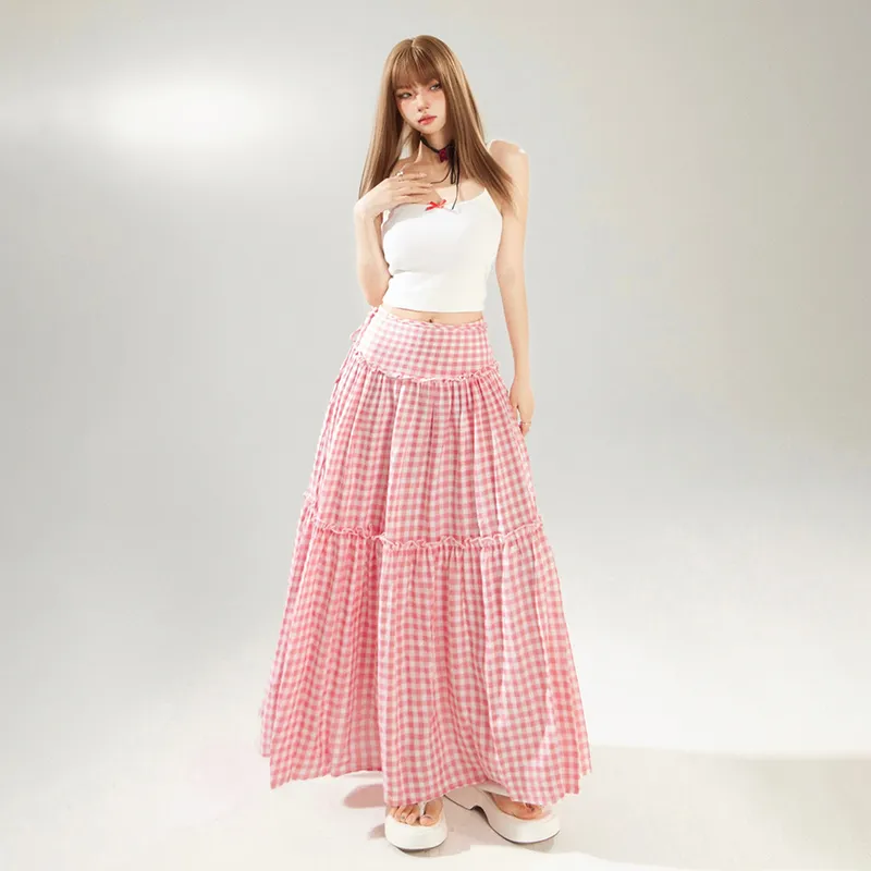 Rose Casual Long Skirts Women's Pink Plaid-5