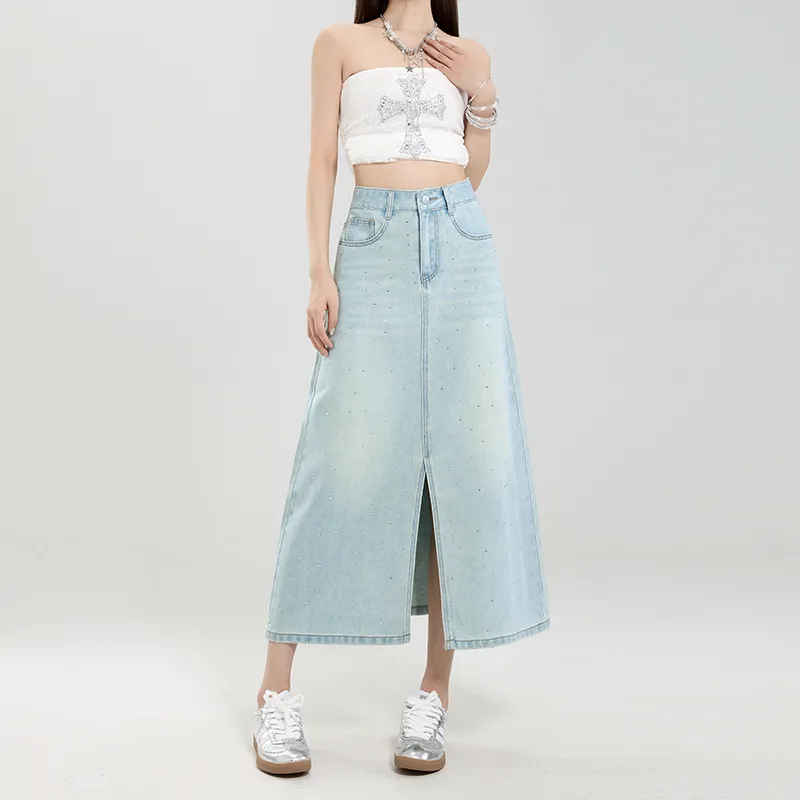 Rose Denim Long Skirt Women's Blue Rhinestone-1