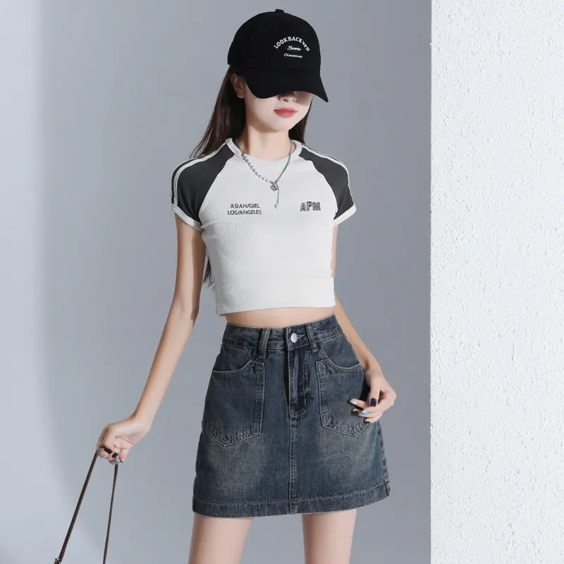Rose Denim Short Skirts Women's Vintage Blue-4