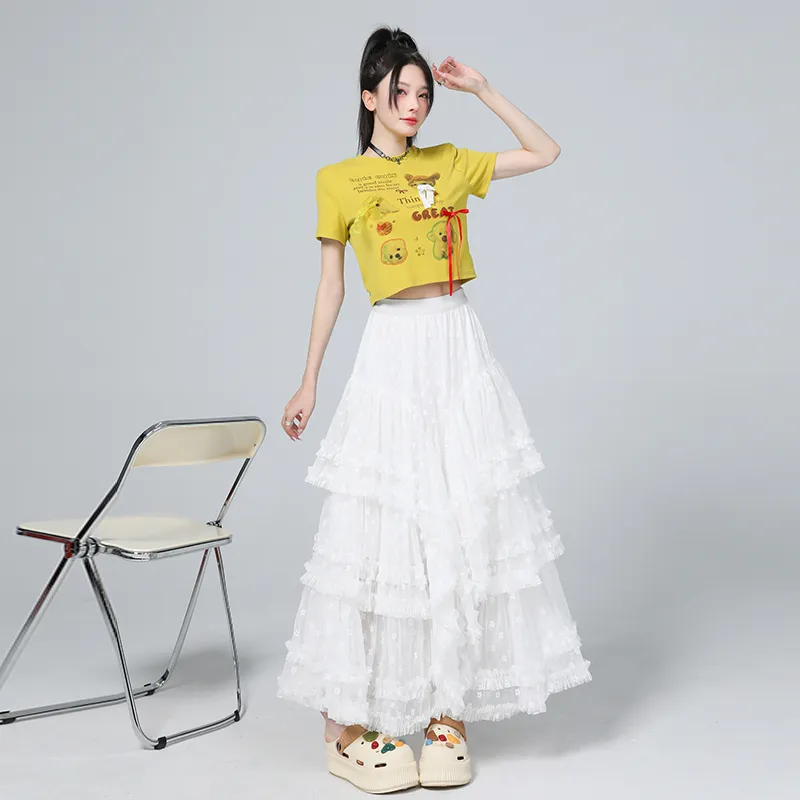 Rose Casual Long Skirts Women's White-4