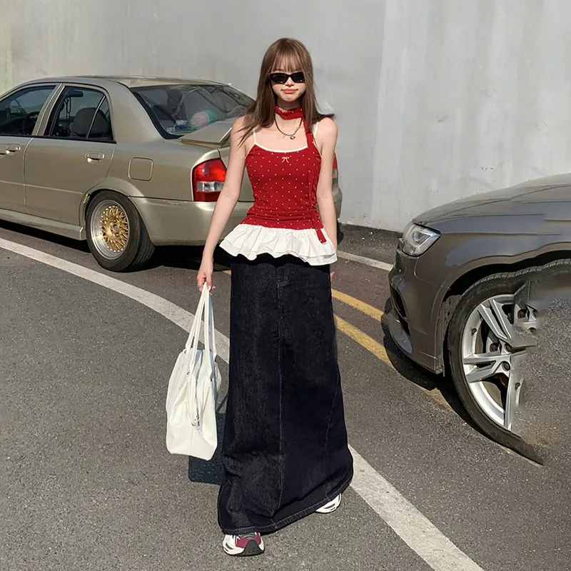 Rose Denim Long Skirts Women's Blue Maxi Skirt-6