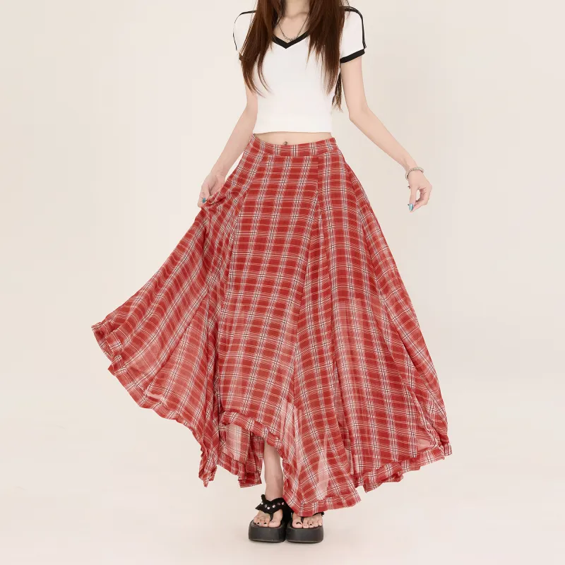 Rose Casual Long Skirts Women's Red Checkered Skirt-5