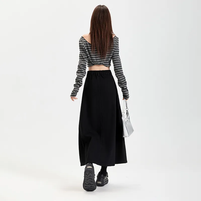 Rose Denim Long Skirts Women's Black-6