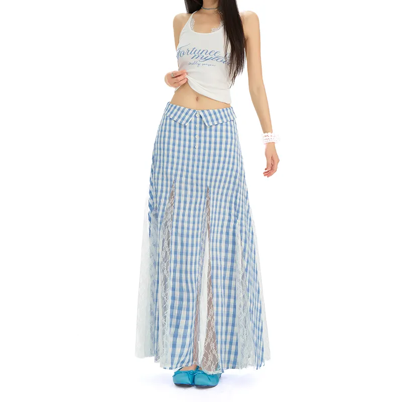Rose Casual Long Skirts Women's Blue Plaid Skirt-2