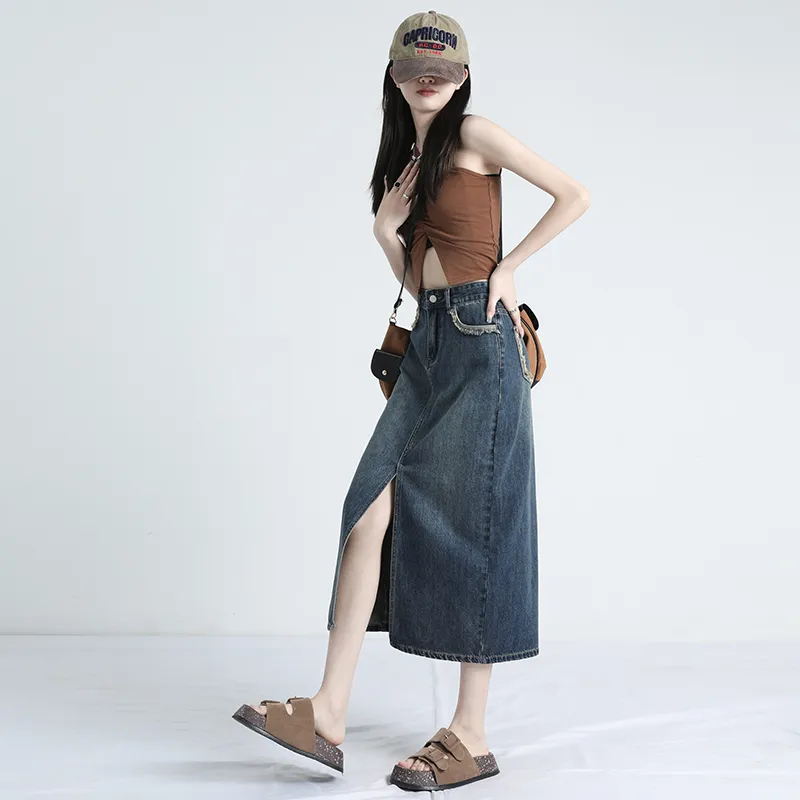 Rose Denim Long Skirts Women's Vintage Blue-3