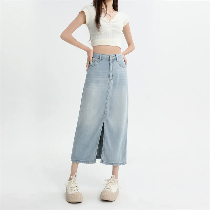 Rose Denim Long Skirt Women's Vintage Blue-5