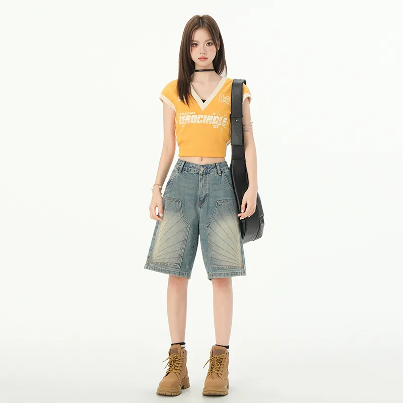 Rose Denim Shorts Women's Vintage Blue-2