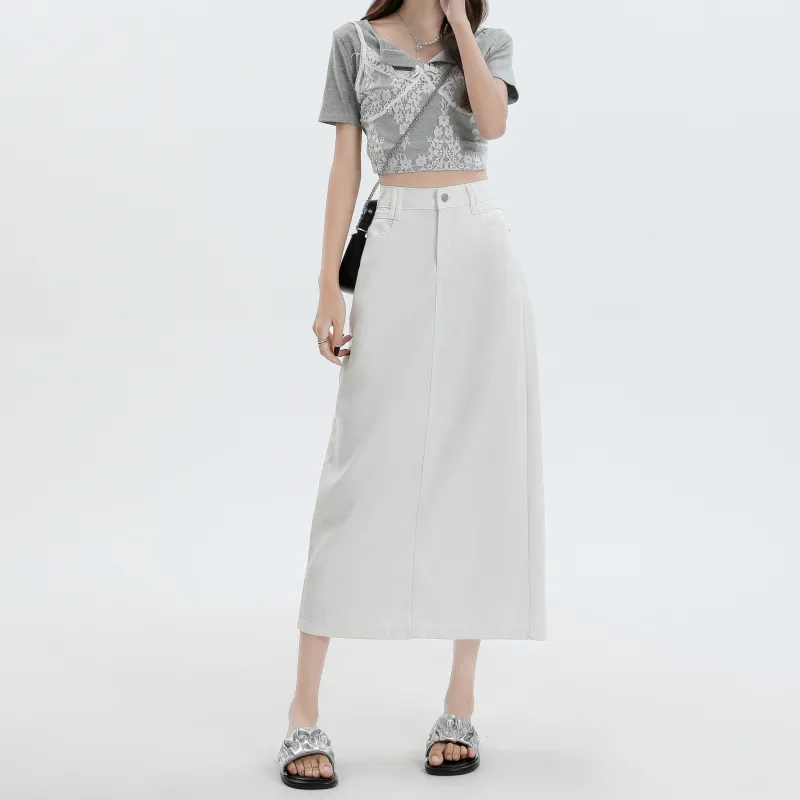 Rose Denim Long Skirts Women's White-3