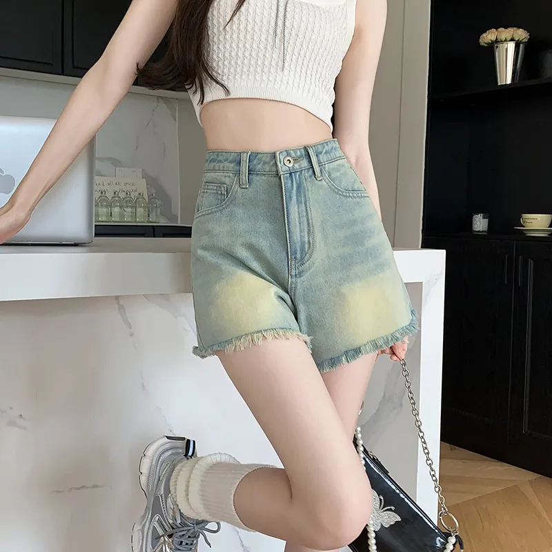 Rose Denim Shorts Women's Vintage Yellow-5