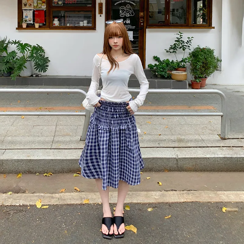 Rose Casual Long Skirts Women's Blue-2
