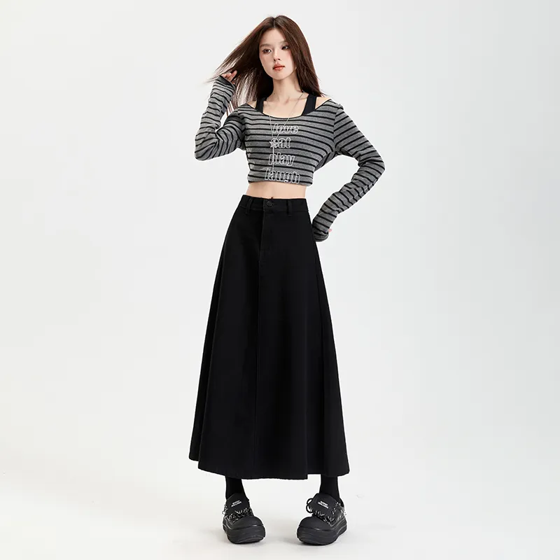 Rose Denim Long Skirts Women's Black-3