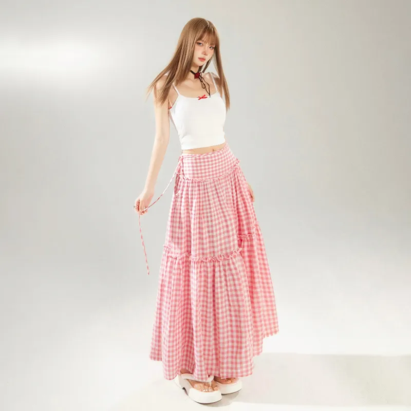 Rose Casual Long Skirts Women's Pink Plaid-6
