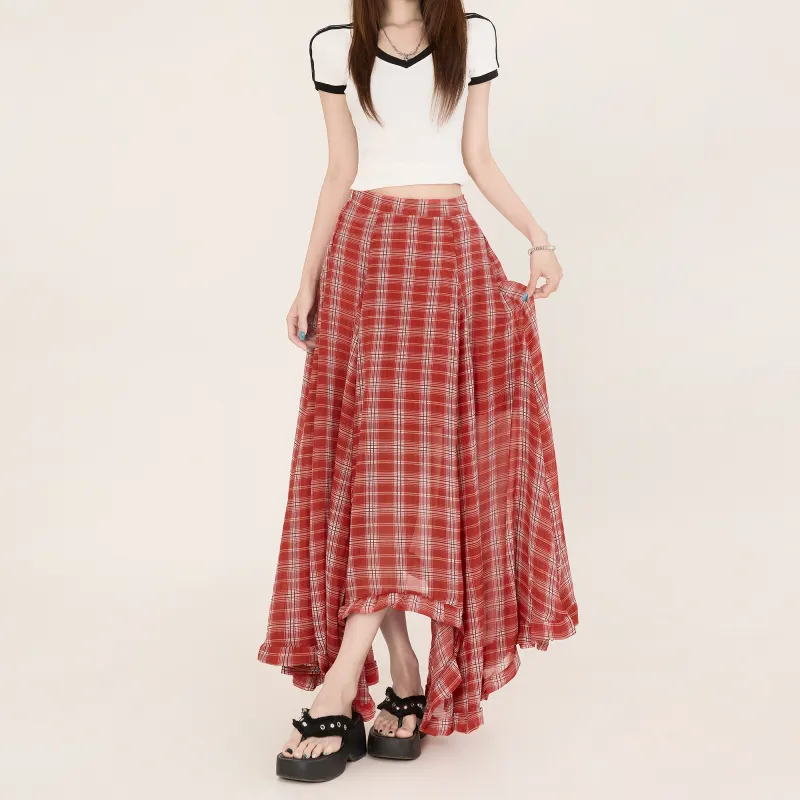 Rose Casual Long Skirts Women's Red Checkered Skirt-2
