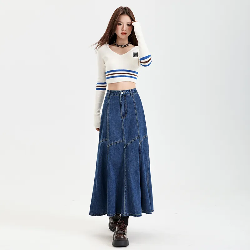 Rose Denim Long Skirts Women's Vintage Blue-4