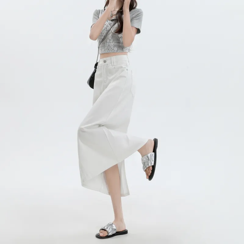 Rose Denim Long Skirts Women's White-5