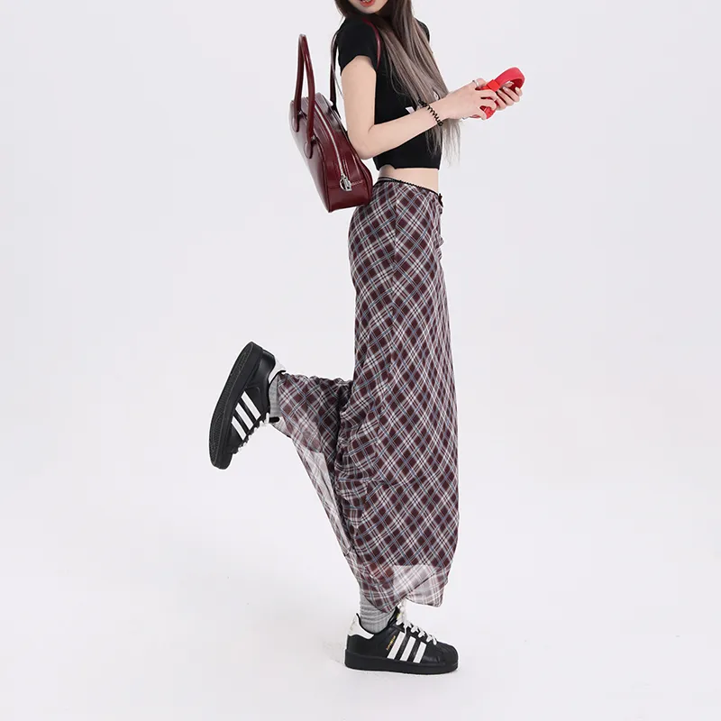 Rose Casual Long Skirts Women's Blue And Green Plaid-2
