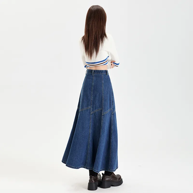 Rose Denim Long Skirts Women's Vintage Blue-6