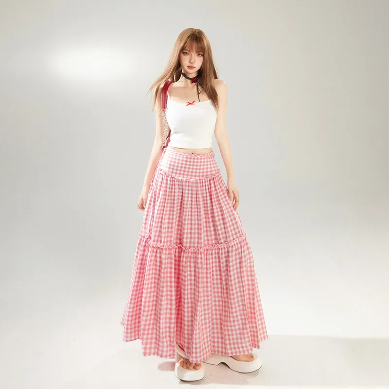 Rose Casual Long Skirts Women's Pink Plaid-3