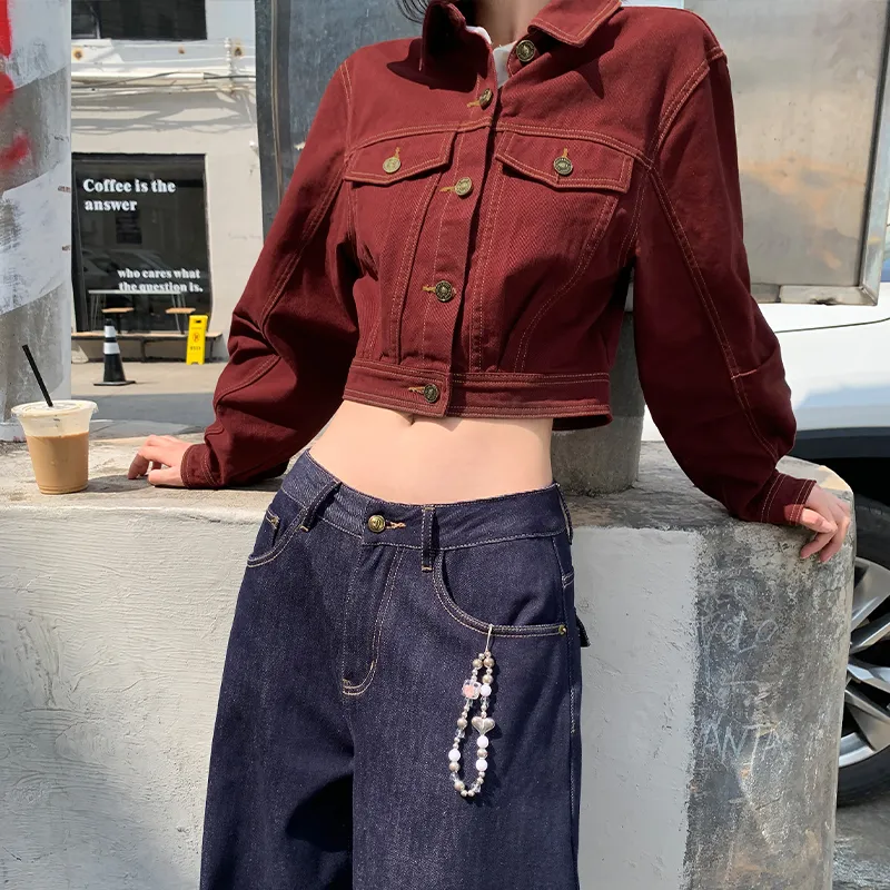 Rose Denim Jackets Women's Red-2