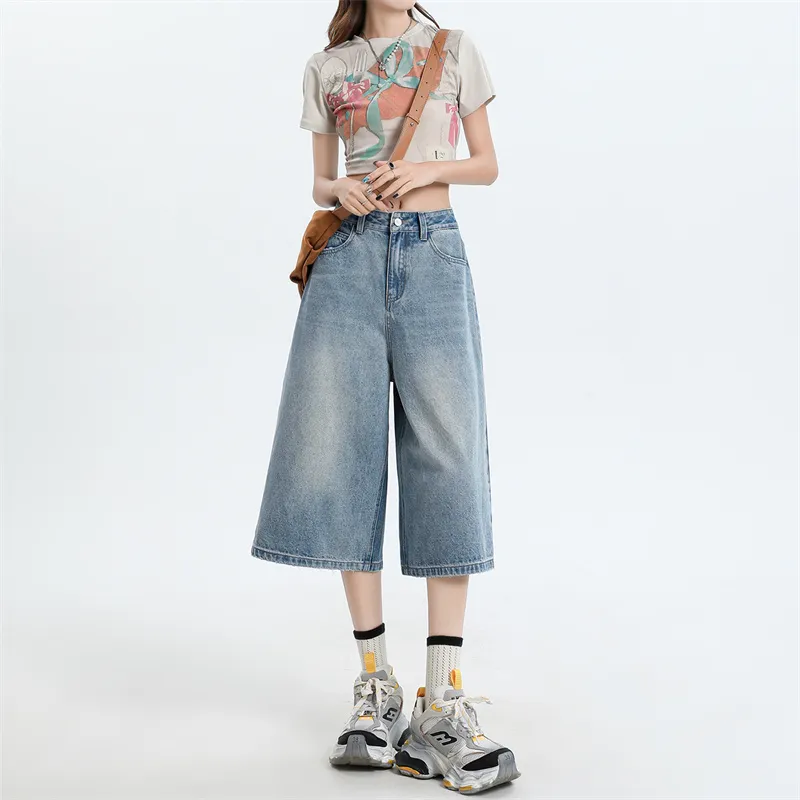 Rose Denim Shorts Women's Cream Blue-4