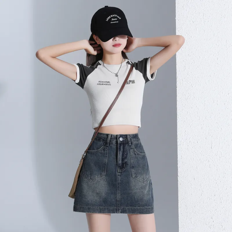 Rose Denim Short Skirts Women's Vintage Blue-5